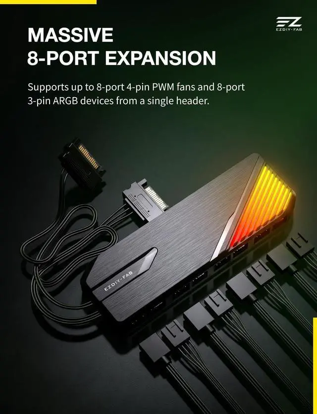Alt view image 3 of 7 - FH01 8-Port ARGB PWM Fan Hub with Remote, Dual SATA Cables, Black
