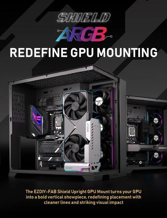 Alt view image 2 of 7 - Shield ARGB Upright GPU Mount with PCIe 5.0 Riser Cable, Vertical GPU Bracket Support RTX 50 Series, 20 Degree Adjustable Angle, Magnetic & Fan-Slot Installation, 5V ARGB Sync White 600mm