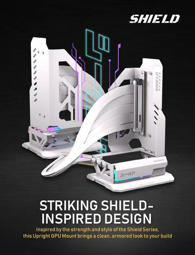 Alt view image 3 of 7 - Shield ARGB Upright GPU Mount with PCIe 5.0 Riser Cable, Vertical GPU Bracket Support RTX 50 Series, 20 Degree Adjustable Angle, Magnetic & Fan-Slot Installation, 5V ARGB Sync White 600mm