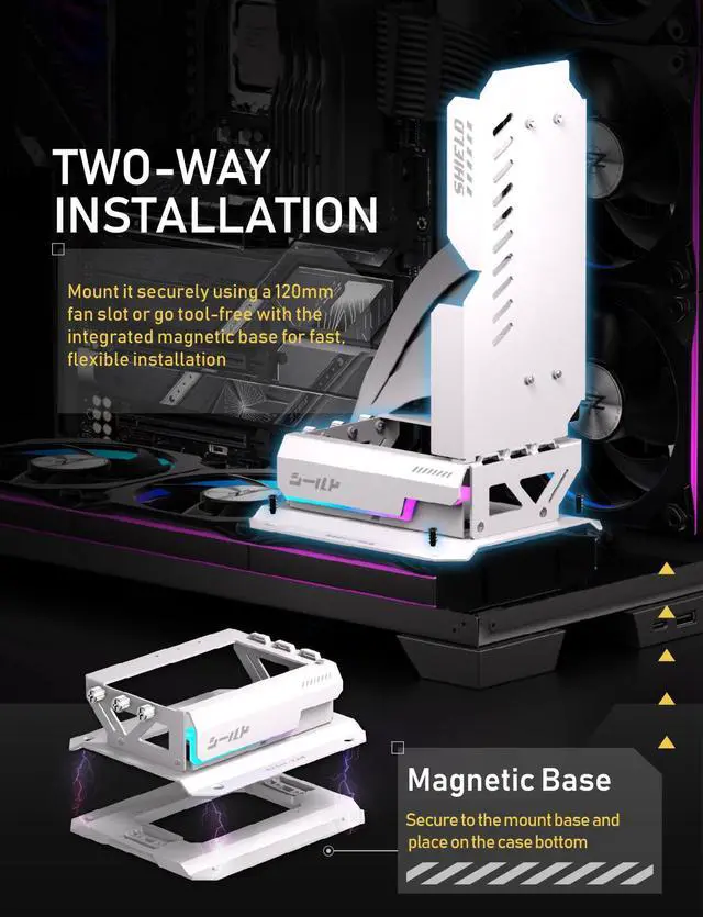 Alt view image 4 of 7 - Shield ARGB Upright GPU Mount with PCIe 5.0 Riser Cable, Vertical GPU Bracket Support RTX 50 Series, 20 Degree Adjustable Angle, Magnetic & Fan-Slot Installation, 5V ARGB Sync White 600mm