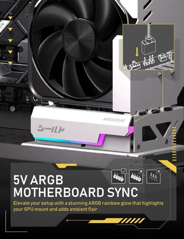 Alt view image 6 of 7 - Shield ARGB Upright GPU Mount with PCIe 5.0 Riser Cable, Vertical GPU Bracket Support RTX 50 Series, 20 Degree Adjustable Angle, Magnetic & Fan-Slot Installation, 5V ARGB Sync White 600mm