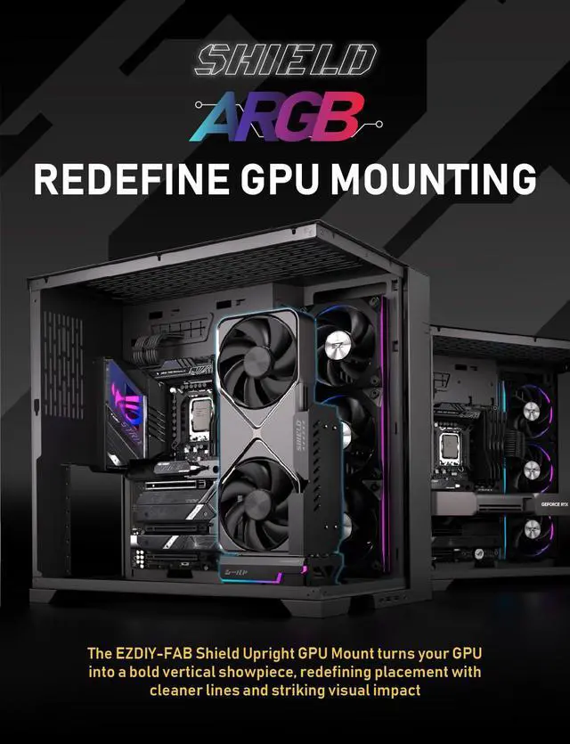 Alt view image 2 of 7 - Shield ARGB Upright GPU Mount with PCIe 5.0 Riser Cable, Vertical GPU Bracket Support RTX 50 Series, 20 Degree Adjustable Angle, Magnetic & Fan-Slot Installation, 5V ARGB Sync Black 600mm