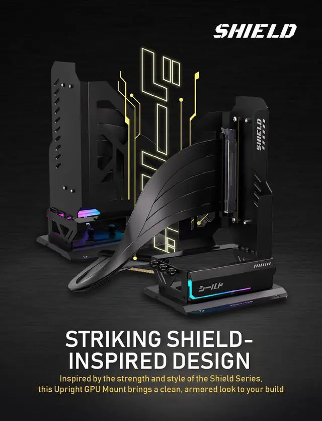 Alt view image 3 of 7 - Shield ARGB Upright GPU Mount with PCIe 5.0 Riser Cable, Vertical GPU Bracket Support RTX 50 Series, 20 Degree Adjustable Angle, Magnetic & Fan-Slot Installation, 5V ARGB Sync Black 600mm