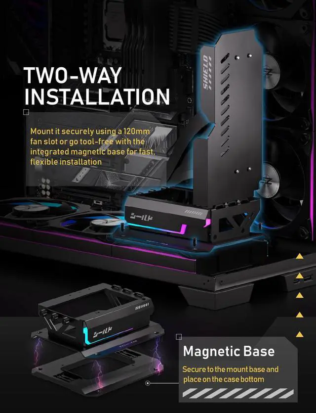 Alt view image 4 of 7 - Shield ARGB Upright GPU Mount with PCIe 5.0 Riser Cable, Vertical GPU Bracket Support RTX 50 Series, 20 Degree Adjustable Angle, Magnetic & Fan-Slot Installation, 5V ARGB Sync Black 600mm