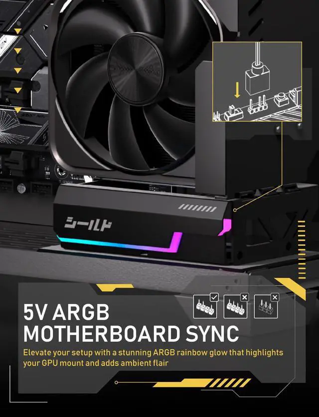 Alt view image 6 of 7 - Shield ARGB Upright GPU Mount with PCIe 5.0 Riser Cable, Vertical GPU Bracket Support RTX 50 Series, 20 Degree Adjustable Angle, Magnetic & Fan-Slot Installation, 5V ARGB Sync Black 600mm