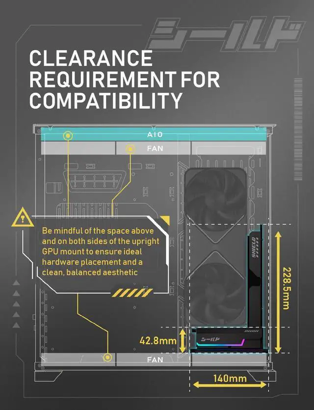 Alt view image 7 of 7 - Shield ARGB Upright GPU Mount with PCIe 5.0 Riser Cable, Vertical GPU Bracket Support RTX 50 Series, 20 Degree Adjustable Angle, Magnetic & Fan-Slot Installation, 5V ARGB Sync Black 600mm