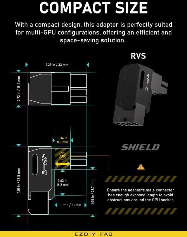 Alt view image 7 of 7 - Shield Series 8-Pin PCIe GPU Power Adapter,90-Degree Angled Connector, Aluminum Design for Graphics Cards Reverse Type,Black-1 Pack