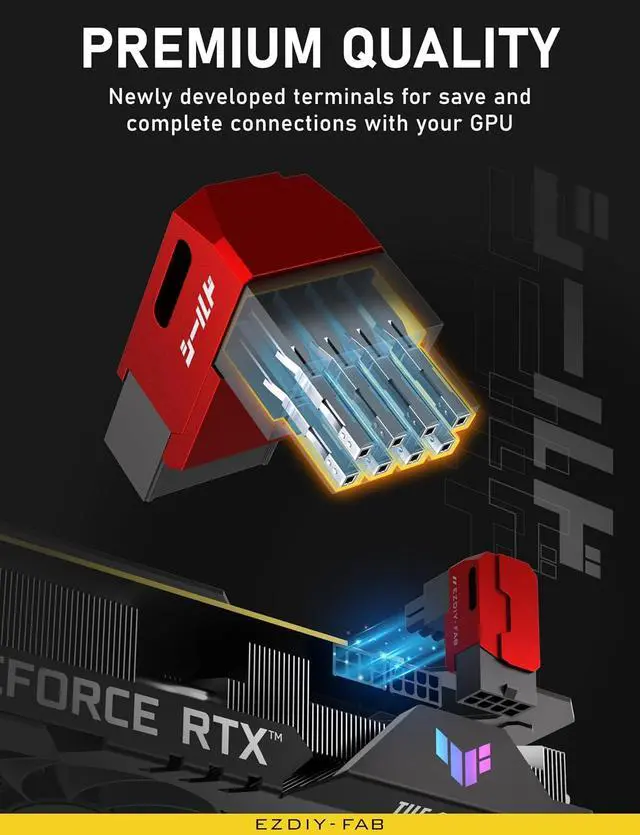 Alt view image 5 of 7 - Shield Series 8-Pin PCIe GPU Power Adapter,90-Degree Angled Connector, Aluminum Design for Graphics Cards Reverse Type,Red-2 Pack