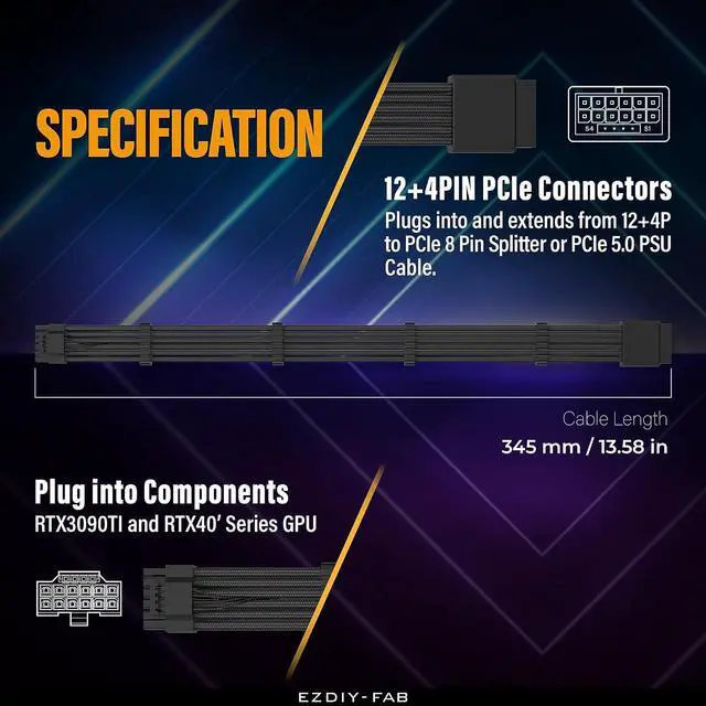Alt view image 3 of 7 - 16pin (12+4) 12VHPWR PCIe 5.0 GPU Power Sleeved Cable Extension, Male to Female, Compatible with RTX 5080, 5070, 4090, 4080, 4070,16AWG with Cable Combs-Black