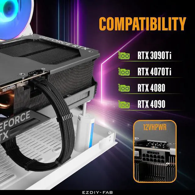 Alt view image 6 of 7 - 16pin (12+4) 12VHPWR PCIe 5.0 GPU Power Sleeved Cable Extension, Male to Female, Compatible with RTX 5080, 5070, 4090, 4080, 4070,16AWG with Cable Combs-Black