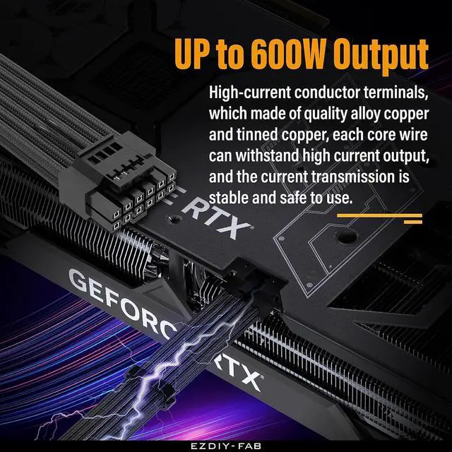 Alt view image 4 of 7 - 16pin (12+4) 12VHPWR PCIe 5.0 GPU Power Sleeved Cable Extension, Male to Female, Compatible with RTX 5080, 5070, 4090, 4080, 4070,16AWG with Cable Combs-Black