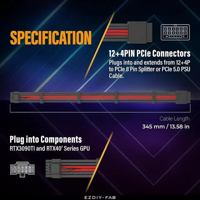 Alt view image 3 of 7 - 16pin (12+4) 12VHPWR PCIe 5.0 GPU Power Sleeved Cable Extension, Male to Female, Compatible with RTX 5080, 5070, 4090, 4080, 4070,16AWG with Cable Combs-Black Red