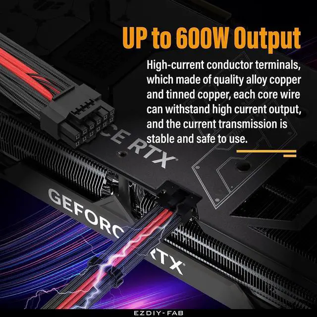 Alt view image 4 of 7 - 16pin (12+4) 12VHPWR PCIe 5.0 GPU Power Sleeved Cable Extension, Male to Female, Compatible with RTX 5080, 5070, 4090, 4080, 4070,16AWG with Cable Combs-Black Red