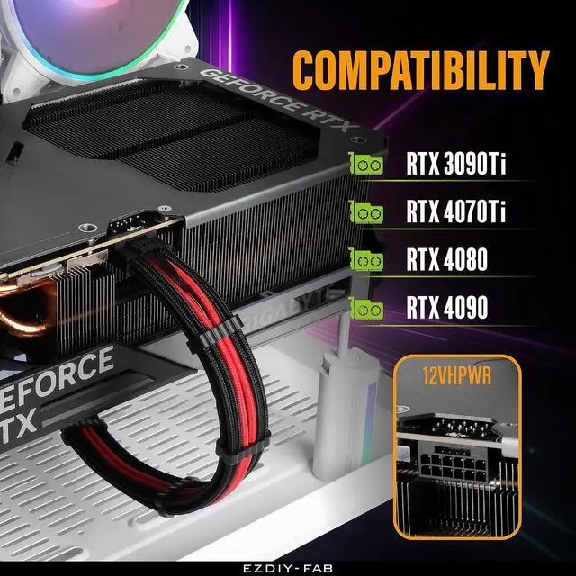Alt view image 6 of 7 - 16pin (12+4) 12VHPWR PCIe 5.0 GPU Power Sleeved Cable Extension, Male to Female, Compatible with RTX 5080, 5070, 4090, 4080, 4070,16AWG with Cable Combs-Black Red