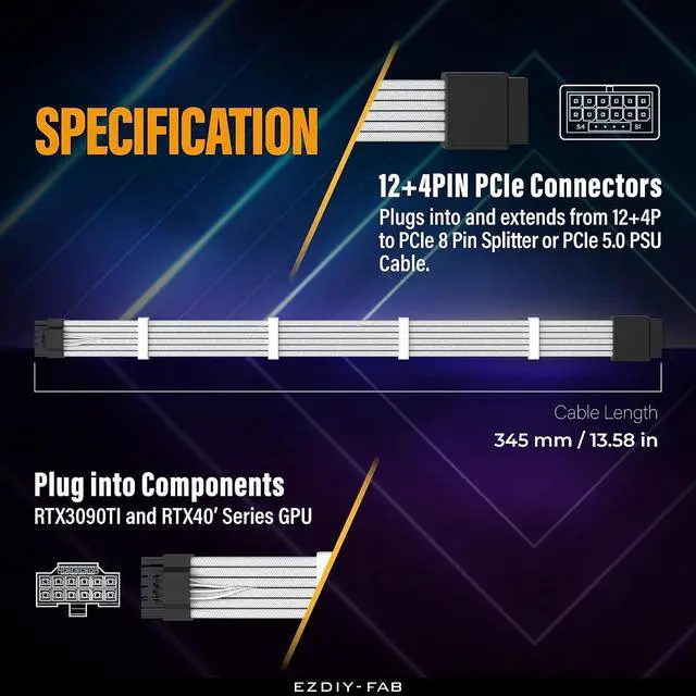 Alt view image 3 of 6 - 16pin (12+4) 12VHPWR PCIe 5.0 GPU Power Sleeved Cable Extension, Male to Female, Compatible with RTX 5080, 5070, 4090, 4080, 4070,16AWG with Cable Combs-White