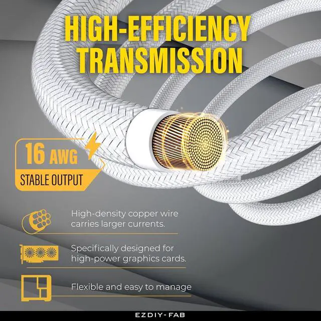 Alt view image 3 of 7 - 16pin (12+4) 12VHPWR PCIe 5.0 GPU Power Sleeved Cable Extension, Male to Female, Compatible with RTX 5080, 5070, 4090, 4080, 4070,16AWG with Cable Combs-All White