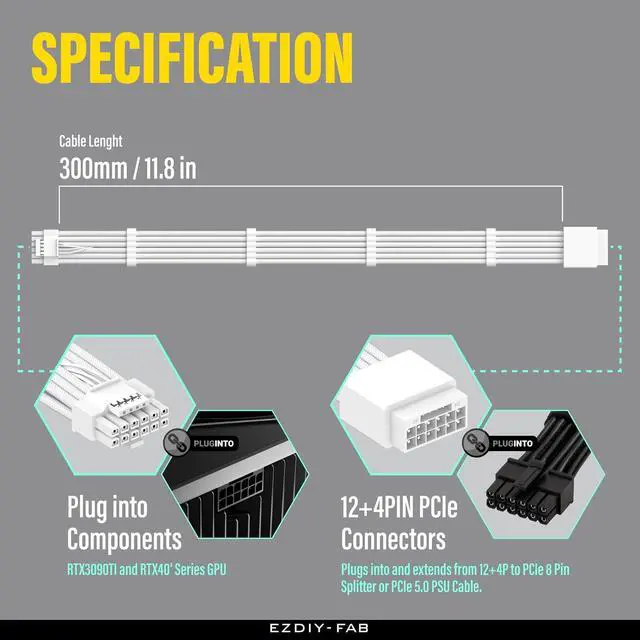 Alt view image 5 of 7 - 16pin (12+4) 12VHPWR PCIe 5.0 GPU Power Sleeved Cable Extension, Male to Female, Compatible with RTX 5080, 5070, 4090, 4080, 4070,16AWG with Cable Combs-All White