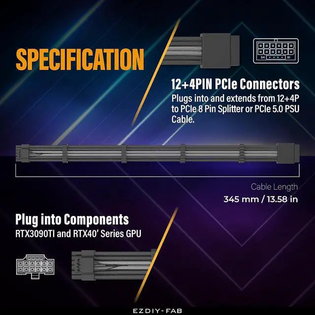 Alt view image 3 of 7 - 16pin (12+4) 12VHPWR PCIe 5.0 GPU Power Sleeved Cable Extension, Male to Female, Compatible with RTX 5080, 5070, 4090, 4080, 4070,16AWG with Cable Combs-Black Grey