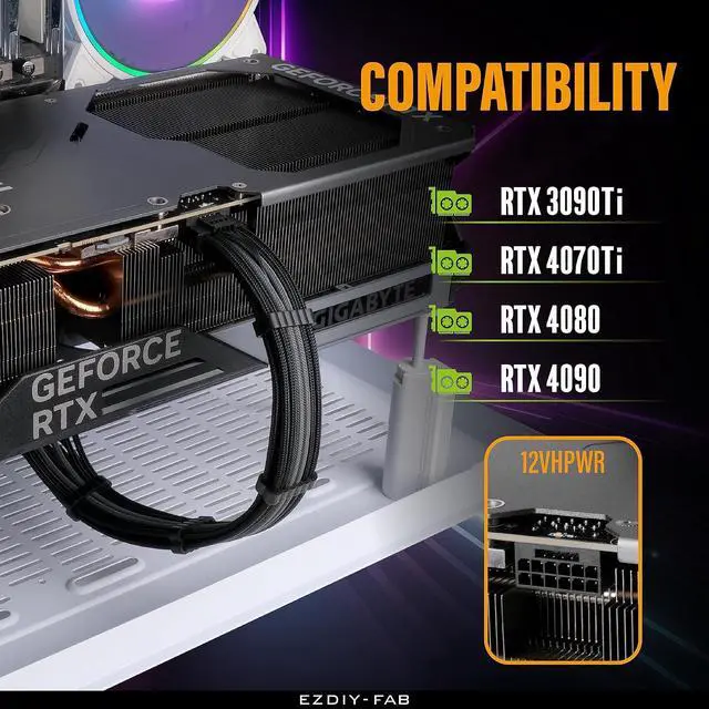 Alt view image 6 of 7 - 16pin (12+4) 12VHPWR PCIe 5.0 GPU Power Sleeved Cable Extension, Male to Female, Compatible with RTX 5080, 5070, 4090, 4080, 4070,16AWG with Cable Combs-Black Grey