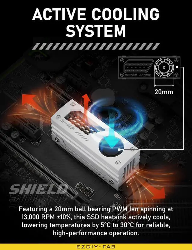 Alt view image 5 of 6 - Shield M.2 SSD Heatsink with Build-in 20mm PWM Fan, Premium Aluminum Design, High-Performance SSD Cooler for M.2 2280-White-1 Pack