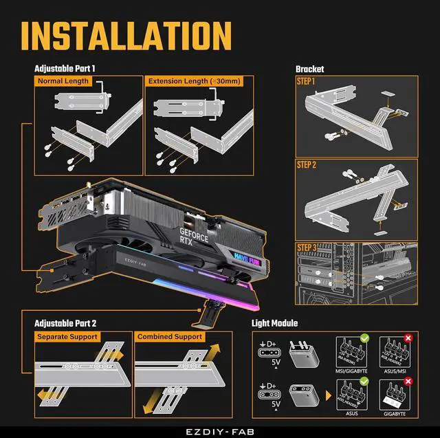 Alt view image 6 of 7 - 5V ARGB GPU Holder Brace Graphics Card GPU Support Video Card Holder Bracket, Strenchable Structure, Video Card Sag Holder/Holster Bracket Support RX7990XTX, RTX4090, Black-341