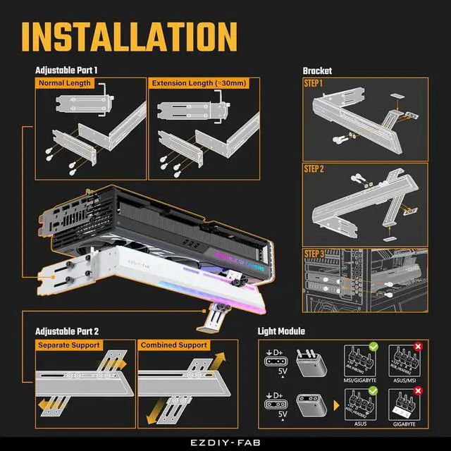 Alt view image 6 of 7 - 5V ARGB GPU Holder Brace Graphics Card GPU Support Video Card Holder Bracket, Strenchable Structure, Video Card Sag Holder/Holster Bracket Support RX7990XTX, RTX4090, White-341-1