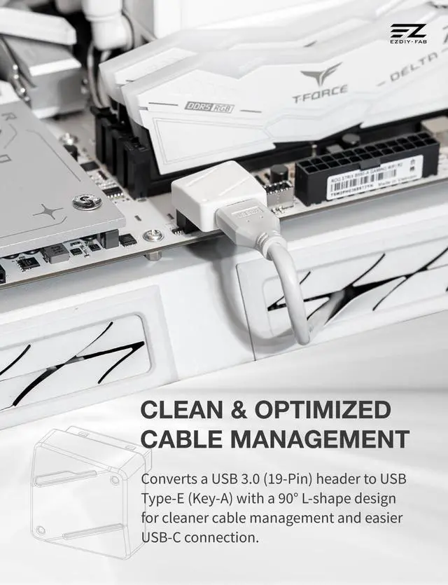 Alt view image 2 of 7 - USB 3.2 Gen 1/USB 3.0 Front Panel Header 19-Pin to Type-E 90 Degree Adapter, Motherboard Internal Header Adapter Converter-White-RVS