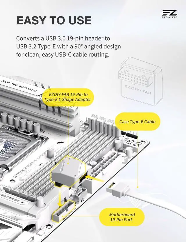 Alt view image 3 of 7 - USB 3.2 Gen 1/USB 3.0 Front Panel Header 19-Pin to Type-E 90 Degree Adapter, Motherboard Internal Header Adapter Converter-White-RVS
