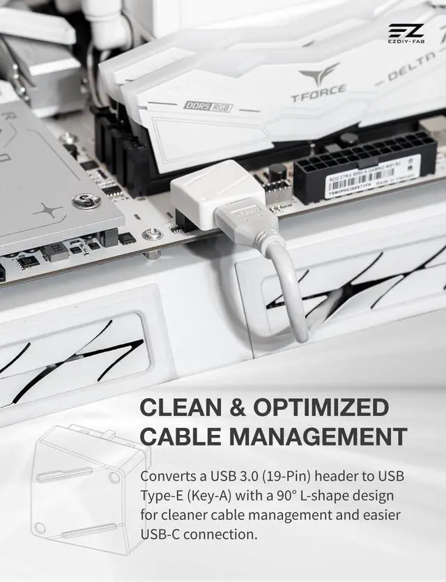 Alt view image 2 of 7 - USB 3.2 Gen 1/USB 3.0 Front Panel Header 19-Pin to Type-E 90 Degree Adapter, Motherboard Internal Header Adapter Converter-White-STD