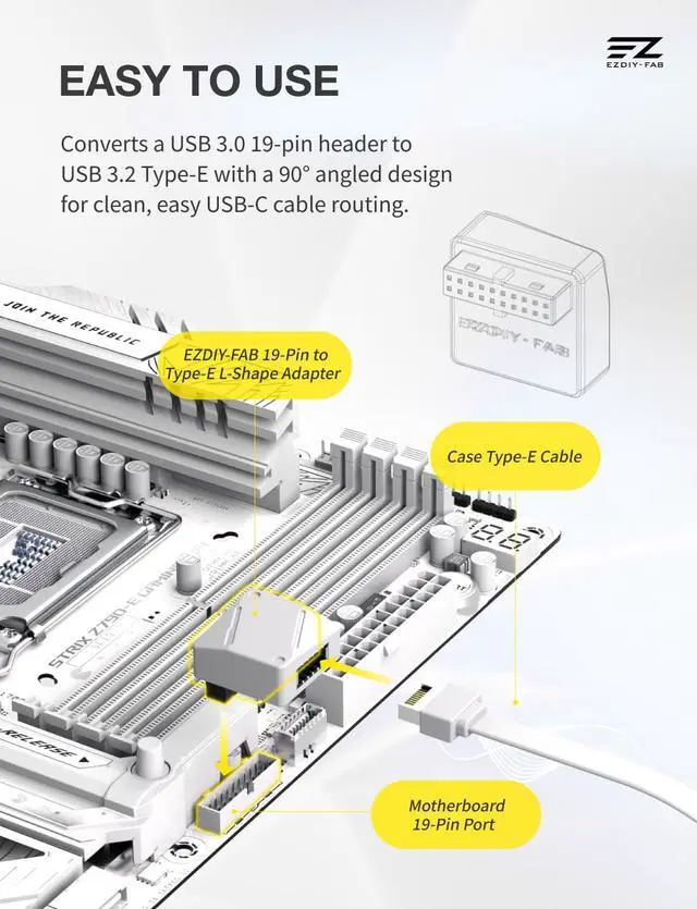 Alt view image 3 of 7 - USB 3.2 Gen 1/USB 3.0 Front Panel Header 19-Pin to Type-E 90 Degree Adapter, Motherboard Internal Header Adapter Converter-White-STD