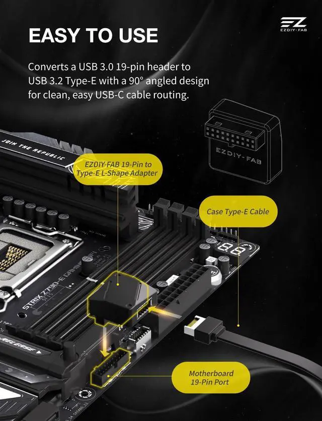 Alt view image 3 of 7 - USB 3.2 Gen 1/USB 3.0 Front Panel Header 19-Pin to Type-E 90 Degree Adapter, Motherboard Internal Header Adapter Converter-Black-RVS