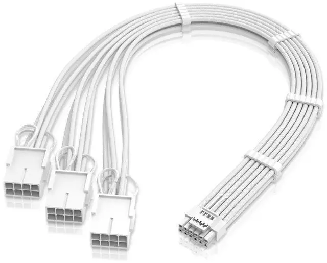 Main image of GPU Power Sleeved Cable Extension, 16pin(12+4) 12VHPWR PCIe 5.0 Connector Male to 3X PCIE 8 PIN for RTX4070ti/ 4080/ 3090Ti, with Pre-Installed Cable Combs-16AWG/Pure White