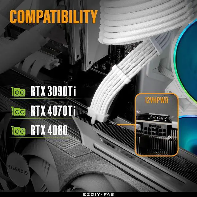 Alt view image 6 of 7 - GPU Power Sleeved Cable Extension, 16pin(12+4) 12VHPWR PCIe 5.0 Connector Male to 3X PCIE 8 PIN for RTX4070ti/ 4080/ 3090Ti, with Pre-Installed Cable Combs-16AWG/Pure White