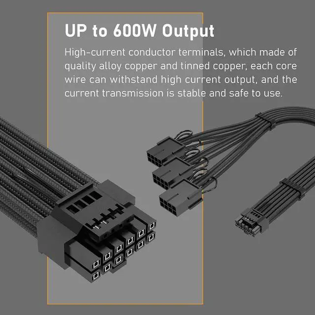 Alt view image 4 of 7 - GPU Power Sleeved Cable Extension, 16pin(12+4) 12VHPWR PCIe 5.0 Connector Male to 3X PCIE 8 PIN for RTX4070ti/ 4080/ 3090Ti, with Pre-Installed Cable Combs-16AWG/Black