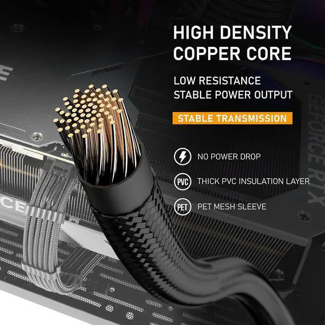 Alt view image 6 of 7 - GPU Power Sleeved Cable Extension, 16pin(12+4) 12VHPWR PCIe 5.0 Connector Male to 3X PCIE 8 PIN for RTX4070ti/ 4080/ 3090Ti, with Pre-Installed Cable Combs-16AWG/Black