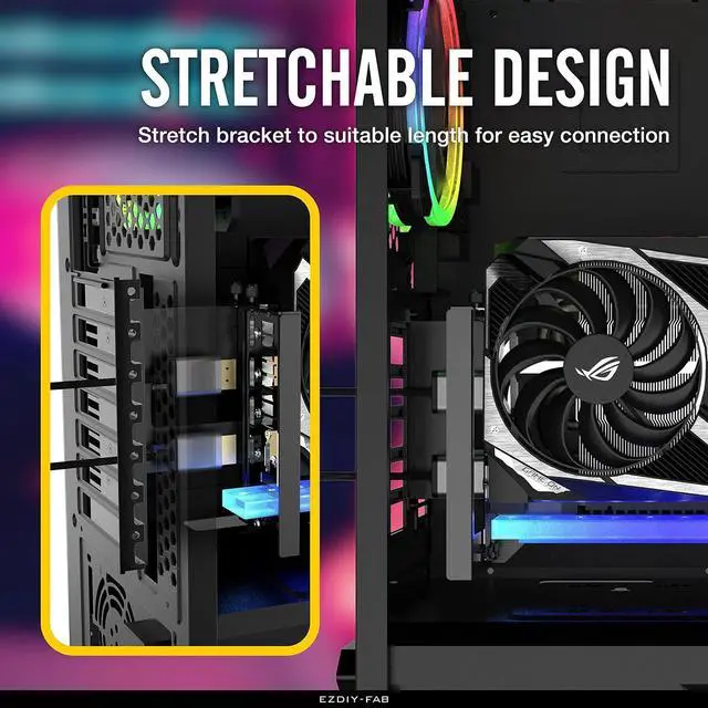 Alt view image 5 of 7 - Vertical PCIe 4.0 GPU Mount Bracket Graphic Card Holder with 5V 3 Pin ARGB LED Module, Video Card VGA Support Kit with PCIe 4.0 X16 Gen4 17cm/6.69in Riser Cable 90 Degree Right Angle- Black