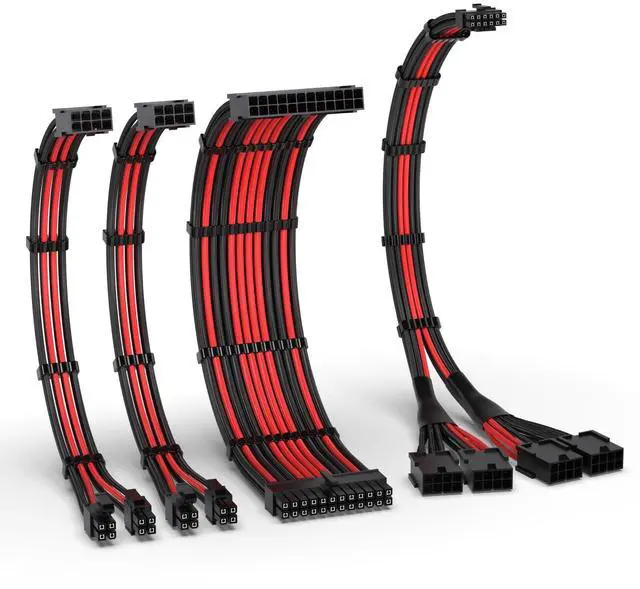 Main image of PCIE 5.0 12VHPWR Sleeved Cable Kit, 16AWG Power Supply Cable Extension, 24PIN-ATX/(4+4) PIN-EPS/(12+4) PIN to 4X 8 PIN PCIE- RTX4090/4080/4070Ti Extension Cable- Black/Red