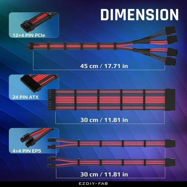 Alt view image 2 of 7 - PCIE 5.0 12VHPWR Sleeved Cable Kit, 16AWG Power Supply Cable Extension, 24PIN-ATX/(4+4) PIN-EPS/(12+4) PIN to 4X 8 PIN PCIE- RTX4090/4080/4070Ti Extension Cable- Black/Red