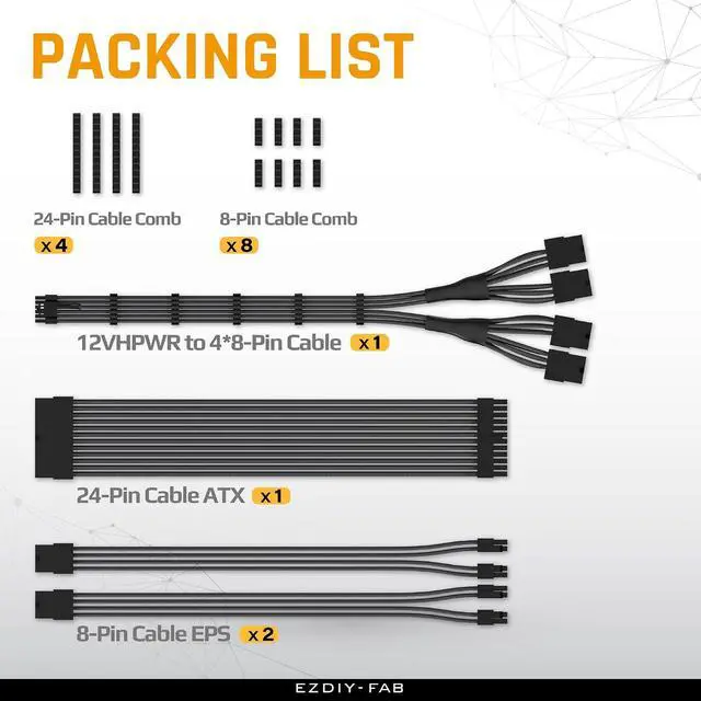 Alt view image 6 of 7 - PCIE 5.0 12VHPWR Sleeved Cable Kit, 16AWG Power Supply Cable Extension, PC PSU Sleeved Cable, 24PIN-ATX/(4+4) PIN-EPS/(12+4) PIN to 4X 8 PIN PCIE- RTX4090/4080/4070Ti Extension Cable- Black