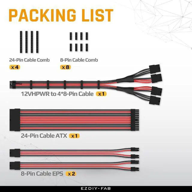 Alt view image 6 of 7 - PCIE 5.0 12VHPWR Sleeved Cable Kit, 16AWG Power Supply Cable Extension, 24PIN-ATX/(4+4) PIN-EPS/(12+4) PIN to 4X 8 PIN PCIE- RTX4090/4080/4070Ti Extension Cable- Black/Red