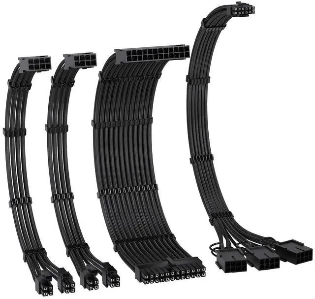 Main image of PCIE 5.0 12VHPWR Sleeved Cable Kit, 16AWG Power Supply Cable Extension, PC PSU Sleeved Cable, 24PIN-ATX/(4+4) PIN-EPS/(12+4) PIN to 3X 8 PIN PCIE- RTX4080/4070Ti Extension Cable- Black