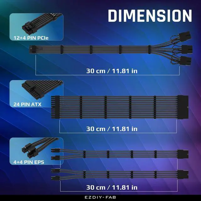 Alt view image 2 of 7 - PCIE 5.0 12VHPWR Sleeved Cable Kit, 16AWG Power Supply Cable Extension, PC PSU Sleeved Cable, 24PIN-ATX/(4+4) PIN-EPS/(12+4) PIN to 3X 8 PIN PCIE- RTX4080/4070Ti Extension Cable- Black
