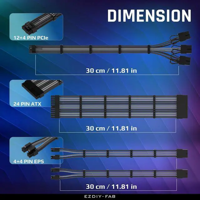 Alt view image 2 of 7 - PCIE 5.0 12VHPWR Sleeved Cable Kit, 16AWG Power Supply Cable Extension, PC PSU Sleeved Cable, 24PIN-ATX/(4+4) PIN-EPS/(12+4) PIN to 3X 8 PIN PCIE- RTX4080/4070Ti Extension Cable- Black/Grey
