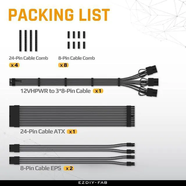 Alt view image 6 of 7 - PCIE 5.0 12VHPWR Sleeved Cable Kit, 16AWG Power Supply Cable Extension, PC PSU Sleeved Cable, 24PIN-ATX/(4+4) PIN-EPS/(12+4) PIN to 3X 8 PIN PCIE- RTX4080/4070Ti Extension Cable- Black