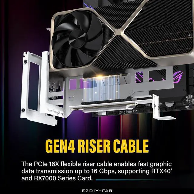 Alt view image 4 of 7 - Vertical PCIe 4.0 GPU Mount Graphic Card Bracket, Video Card VGA Support Kit with PCIe 4.0 X16 Gen4 White Riser Cable 90 Degree Right Angle- White