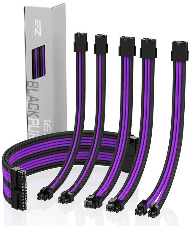 Main image of PSU Cable Extension kit Sleeved Cable Custom Power Supply Sleeved Extension 16 AWG 24-PIN 8-PIN 6-PIN 4+4-PIN with Combs- Black/Purple
