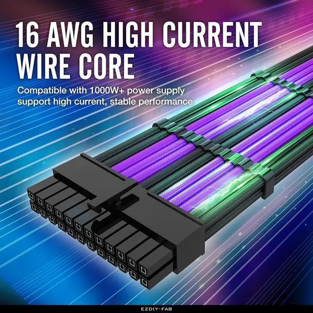 Alt view image 2 of 7 - PSU Cable Extension kit Sleeved Cable Custom Power Supply Sleeved Extension 16 AWG 24-PIN 8-PIN 6-PIN 4+4-PIN with Combs- Black/Purple