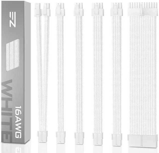 Main image of PSU Cable Extension kit Sleeved Cable Custom Power Supply Sleeved Extension 16 AWG 24-PIN 8-PIN 6-PIN 4+4-PIN with Combs-All White