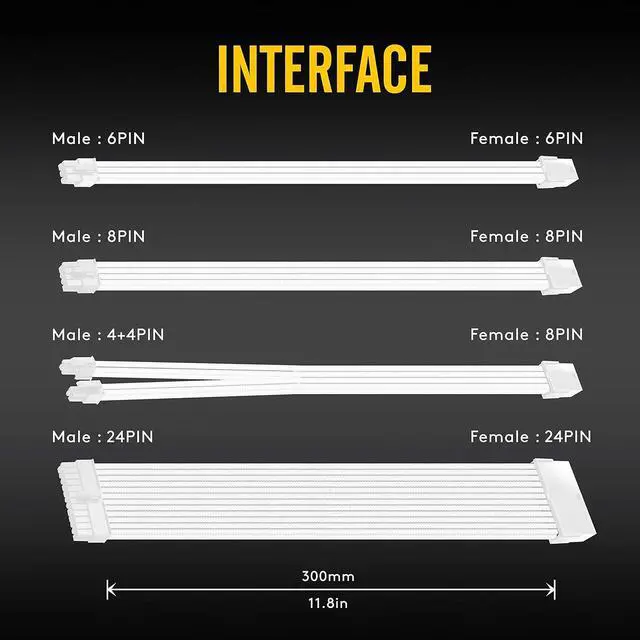 Alt view image 5 of 7 - PSU Cable Extension kit Sleeved Cable Custom Power Supply Sleeved Extension 16 AWG 24-PIN 8-PIN 6-PIN 4+4-PIN with Combs-All White