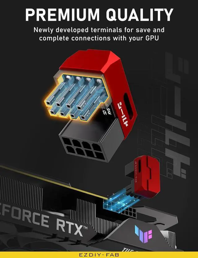 Alt view image 5 of 7 - Shield Series 8-Pin PCIe GPU Power Adapter,180-Degree U-Turn Angled Connector, Aluminum Design for Graphics Cards Standard Type,Red-2 Pack